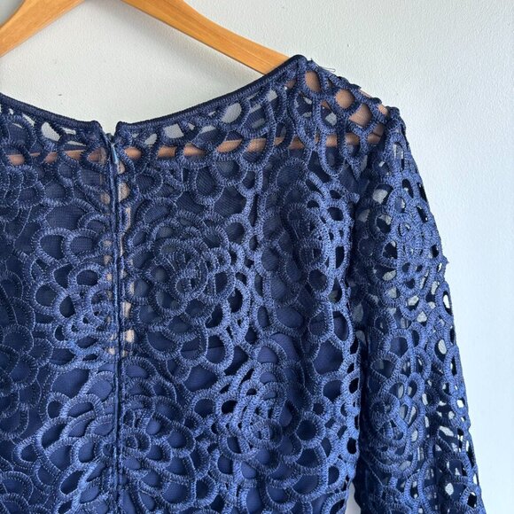 NWT Tadashi Shoji Formal Gown Size 6 Navy Blue Long Sleeve Floral Lace Bodice - Picture 10 of 16